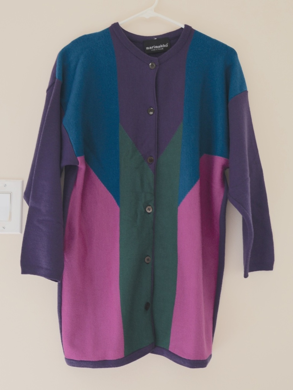 Marimekko 1980s 100% Sheep Wool Color-block Long Cardigan Knit Sweater Small